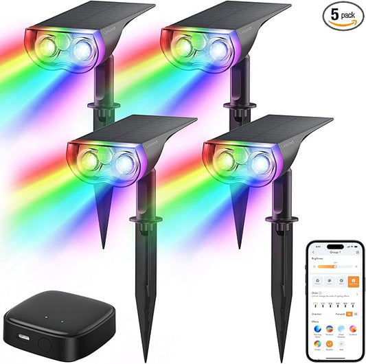 Linkind Smart Solar Lights Outdoor SL5 with Motion Sensor, APP Control Color Changing Spot Lights Outdoor, Halloween Decorations, IP65 Landscape Lighting for Yard, Garden (4 Pack with hub)