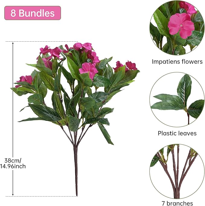8 Bundles Artificial Flowers for Outdoors Silk Impatiens Flowers UV Resistant Faux Impatiens Plants Faux Flowers for Outdoor Planters Pot Lawn Garden Balcony Hanging Basket Porch (Rose Red)