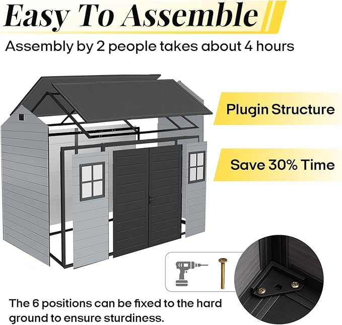 8x4ft Resin Outdoor Storage Shed with Floor and 2 Windows, Plastic Sheds & Outdoor Storage Clearance for Patio Furniture,GardenTools, Bike Accessories and Lawn Mower, Black+Grey