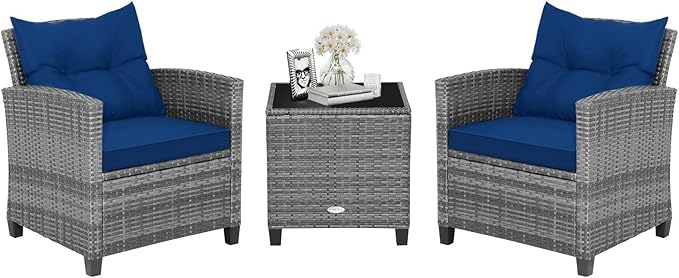 HAPPYGRILL 3 Pieces Patio Conversation Set, Outdoor Furniture Set PE Rattan Sofa Set with Removable Cushions, PE Wicker Chairs with Tempered Glass Side Table for Porch Lawn Garden Balcony Backyard