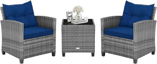 HAPPYGRILL 3 Pieces Patio Conversation Set, Outdoor Furniture Set PE Rattan Sofa Set with Removable Cushions, PE Wicker Chairs with Tempered Glass Side Table for Porch Lawn Garden Balcony Backyard