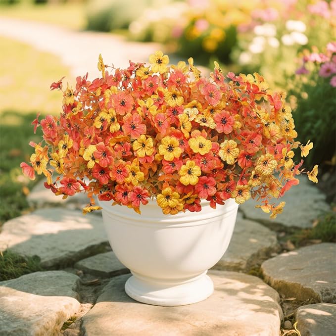 Artificial Mums for Outdoors, 12 Bundles Faux Mums for Outdoor Planters,Uv Resistant Artificial Fake Flowers Plants, Realistic Fall Decor for Porch, Patio, Yard (OrangeYellow)