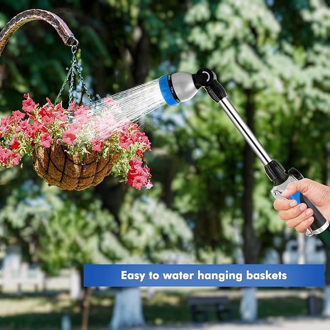 RESTMO Metal Watering Wand, Heavy Duty Garden Hose Wand with 180° Swivel Ratcheting Head, 16'' Hose Nozzle Sprayer with 7 Spray Patterns and Flow Control, for Water Hanging Baskets and Shrubs, Blue