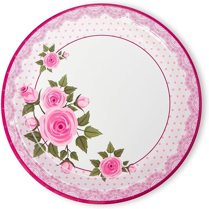 Royal Bluebonnet Rose Paper Plates and Napkins for Birthday Decorations - Set of 24 Sturdy 400 GSM Weighted Spring Paper Plates for Mothers Day, Disposable Floral Party Supplies for Easter Brunch