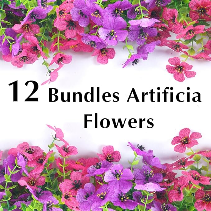 Artificial Flowers for Outdoors, 12 Bundles Outdoor Faux Plants,Uv Resistant Artificial Fake Flowers Plants, Realistic Spring Decor for Porch, Patio, Yard (LightRedPurple)