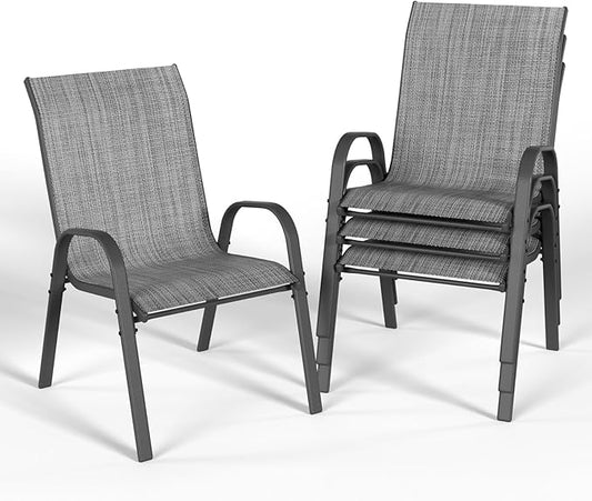 Patio Dining Chairs Set of 4, Stackable Dining Chairs High Back, Breathable Seat Fabric and Alloy Steel Frame for Backyard, Porch, Garden, Sunroom (Grey)