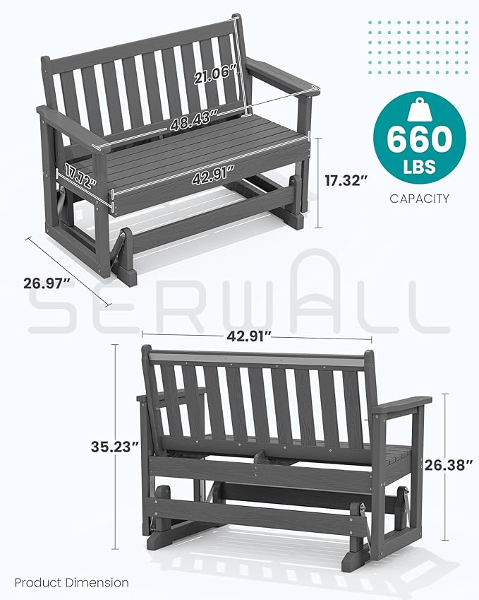 SERWALL Outdoor Glider Bench Set of 2, HDPE Weather-Resistant Swinging Bench for Backyard Garden Porch, Grey