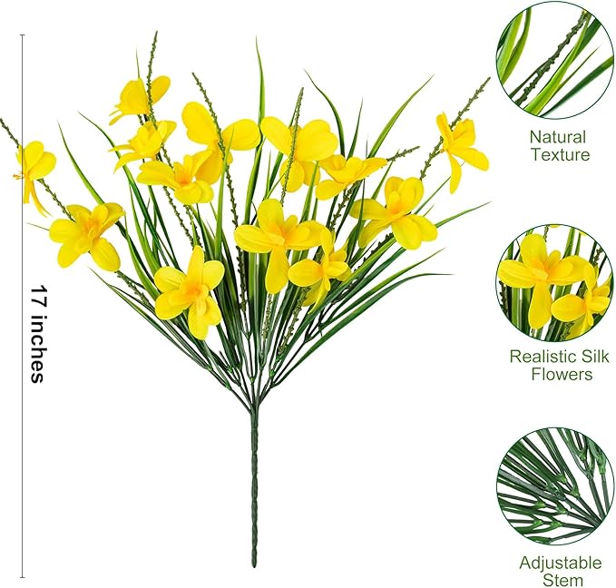 Ouddy Decor 12 Bundles Artificial Flowers for Outdoors Decoration, Fake Freesia Silk Flowers UV Resistant Artificial Plants for Summer Indoor Outside Garden Wedding Farmhouse Porch Home Decor, Yellow