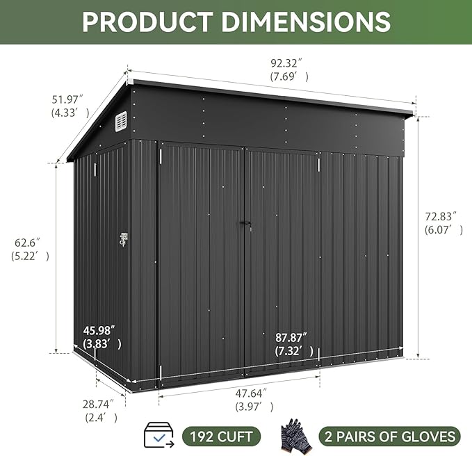 Aoxun 7.5'x4' Triple Door Shed Outdoor Storage Shed with Three Lockable Door for Easily Accessing Metal Storage Cabinet with Slopping Roof for Tools Bicycles Storage for Garden, Backyards (Black)