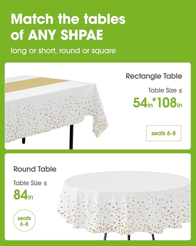 Pureegg Plastic Table Cloth Disposable 8 Pack, 54 x 108 Inch, Table Runner Style, Graduation Decorations 2025, Party Tablecloths, Rectangle, Plastic Cover, Leakproof & Sturdy, White Gold