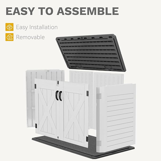 DWVO Outdoor Storage Shed, Weatherproof Resin, 35 Cu Ft Capacity, Horizontal Design, X-Shaped Lockable Door, Suitable for Bike, Garden Tools, Trash Cans, Light Gray