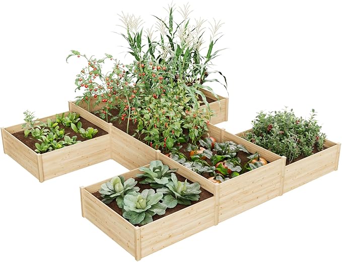 AMERLIFE 12x12x2 FT Wooden Raised Garden Bed, H-Shaped Planter Box with Double-Layer Design, 180 Cu. Ft Capacity for Outdoor Patio & Backyard