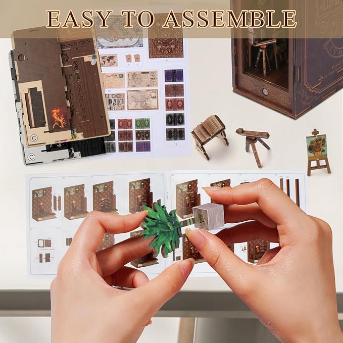 CRIOLPO Book Nook Kit - DIY Doll House Booknook, Book Nook Miniature Kit for Bookshelf Doll Houses for Adults Teen Halloween, 3D Wooden Puzzle Bookends with Sensor Led Light