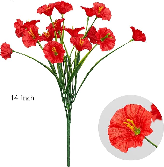 15 Bundles Artificial Flowers UV Resistant Outdoor Plants No Fade Faux Plastic Shrubs Fake Silk Flowers Window Box Garden Porch Home Decoration (Morning Glory Red)