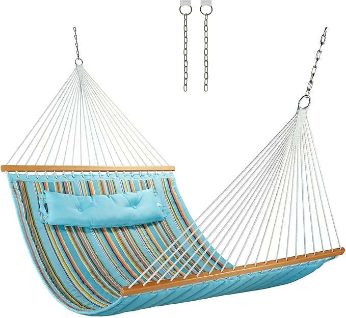 12 FT Double Quilted Fabric Hammock with Spreader Bars and Pillow 450 LBS Weight Capacity 2 Person Hammock for Outdoor Patio Backyard Poolside Blue Stripes