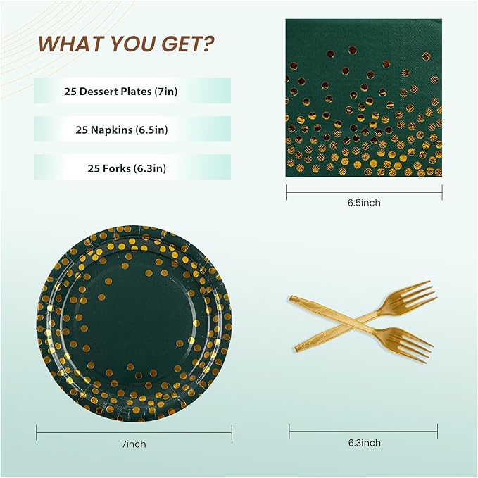 75PCS Paper Plates and Napkins Set - Green and Gold Dot Disposable Party Dinnerware Includes Paper Plates, Napkins, Forks Decorations for Father's Day Graduations Birthdays and Weddings, Serves 25