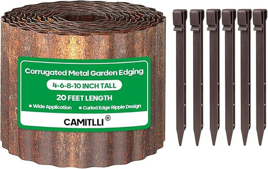 Corrugated Metal Garden Edging,Sturdy Tall Landscape Edging Borders with 6pcs Anchor Stakes, Perfect DIY for Flower Beds, Lawn and Pathway,Tree Surrounds,Paver Edges (Pre-Rusted 8"×20FT)