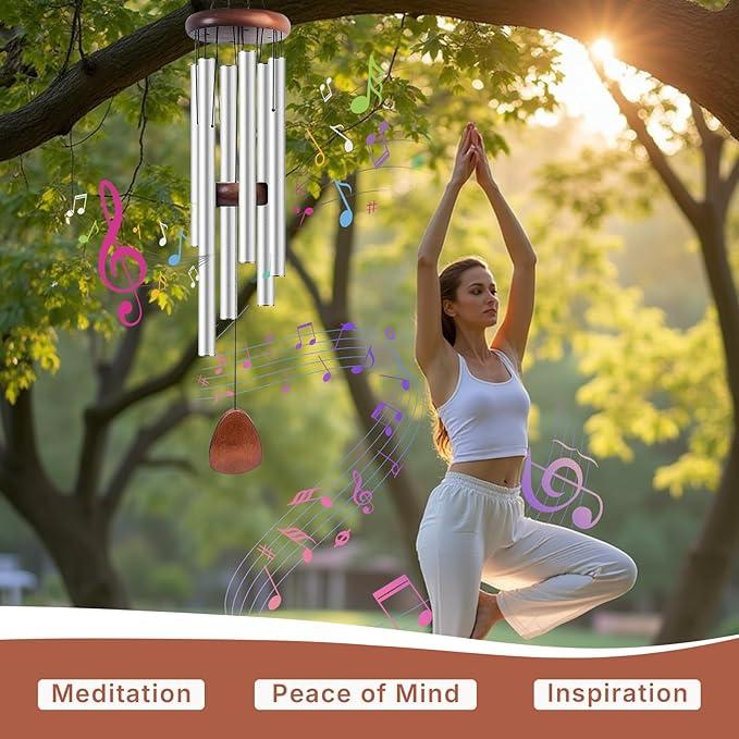Aluminum Wind Chimes for Outdoor Garden and Yard with Soothing Deep Tones, Creates a Peaceful Ambiance with Sophisticated Wind Catcher, Ideal Calming Gift for Families (Silver, 37 Inches)