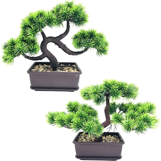 Artificial Plants Fake Bonsai Pine Trees Plants Greenery Japanese Pine Bonsai Tree Desktop Display Simulation,Office,Living Room,Zen Garden Decoration Indoor Home Décor(2 Pack Potted)