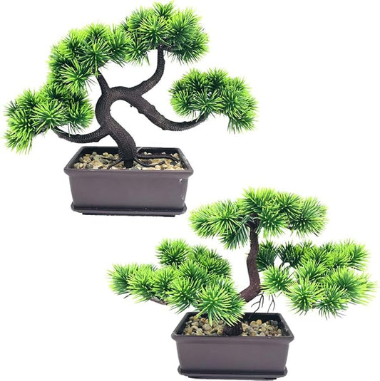Artificial Plants Fake Bonsai Pine Trees Plants Greenery Japanese Pine Bonsai Tree Desktop Display Simulation,Office,Living Room,Zen Garden Decoration Indoor Home Décor(2 Pack Potted)