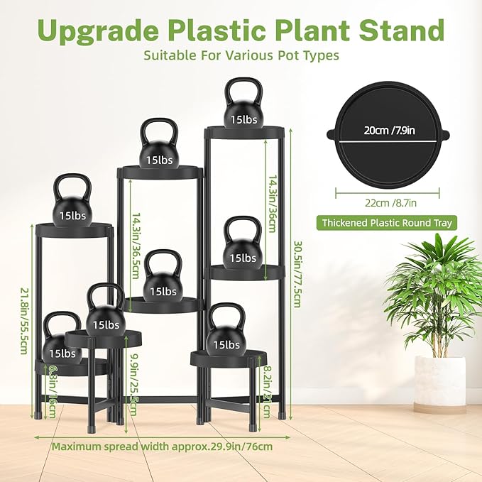iDavosic.ly 8 Tier Folding Plant Stand Indoor Outdoor with Plastic Tray, Tiered Corner Flower Holder Shelf, Metal Orchid Display Rack for Patio Porch Living Room Garden Balcony, Modern Black
