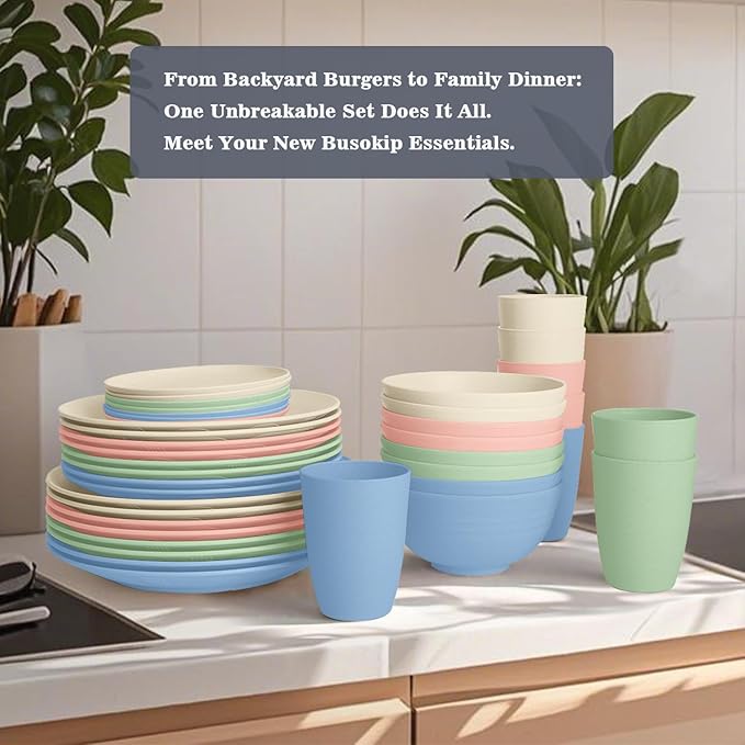 40 PCS Wheat Straw Dinnerware Sets | Service for 8, Unbreakable Plates and Bowls Sets - Dinner Plate, Cereal Bowl, Drinking Cups, Dishwasher & Microwave Safe for Kitchen, Camping,RV - Colorful