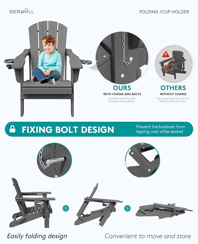 SERWALL Folding Adirondack Chair, Dual Cup Holders & All-Weather HDPE, Wood-Like Patio Chair for Backyard, Camping，Pool & Fire Pit- Grey