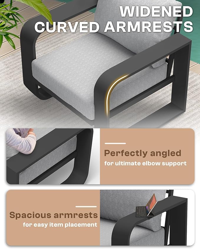 Aluminum Outdoor Patio Furniture Set 4 Piece, Oversized Patio Conversation Sets Widened Armrest & Ultra-Thick Cushions, Deep Seating Modern Sectional Furniture for Backyard, Deck, Gray