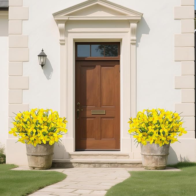 Ouddy Decor 12 Bundles Artificial Flowers for Outdoors Decoration, Fake Freesia Silk Flowers UV Resistant Artificial Plants for Summer Indoor Outside Garden Wedding Farmhouse Porch Home Decor, Yellow