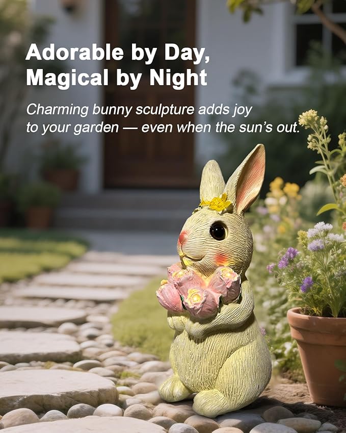 Solar Bunny Garden Light Outdoor Statue – Waterproof Rabbit Figurine with 5 Tulip LED Lights, Auto On/Off Bunny Garden Decor for Patio, Balcony, Lawn, Yard Decorations, Birthday Gifts for Women