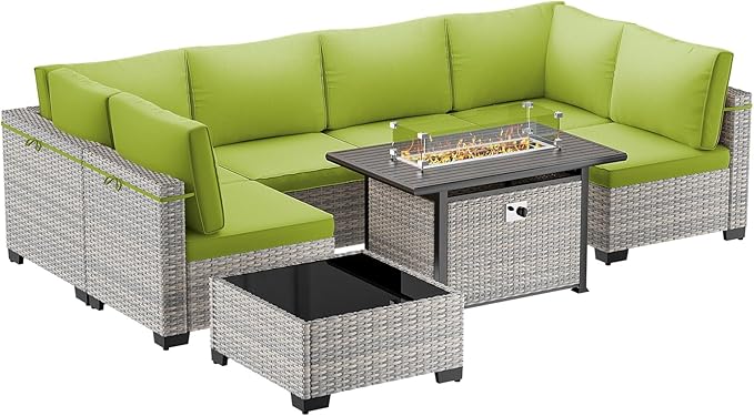 8-Piece Patio Furniture Set, Outdoor Patio Furniture with 55,000 BTU Fire Pit Table, Thick Cushions, Modular Patio Sofa, Dual-Strand Wicker Rattan, Rust-Resistant Frame, Grass Green