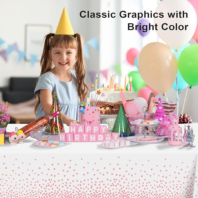 6 Pack White and Pink Dot Tablecloth, Pink Plastic Table Cloths for Parties Disposable, 54x108 in Waterproof Rectangular Camping Tablecloth for Birthday Party Baby Shower Picnic Valentines