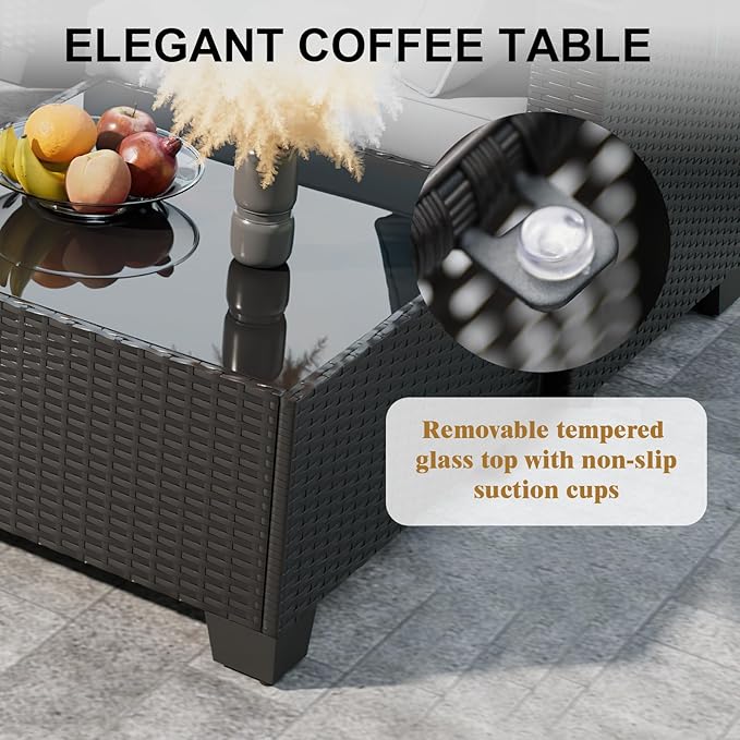 Patio Furniture Set with Fire Pit Table 28", 8-Piece Outdoor Furniture Conversation Set with Cushions，Wicker Sectional Sofa for Porch Garden Backyard, Coffee/Beige