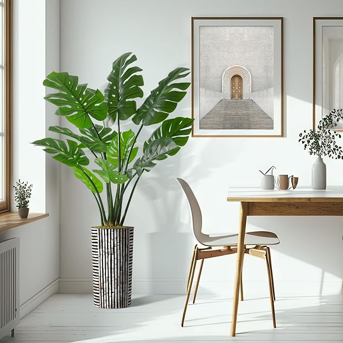 Artificial Tree in Black and Brown Striped Planter, Fake Monstera Silk Tree for Indoor and Outdoor Home Decoration - 65" Overall Tall (Plant Pot Plus Tree)