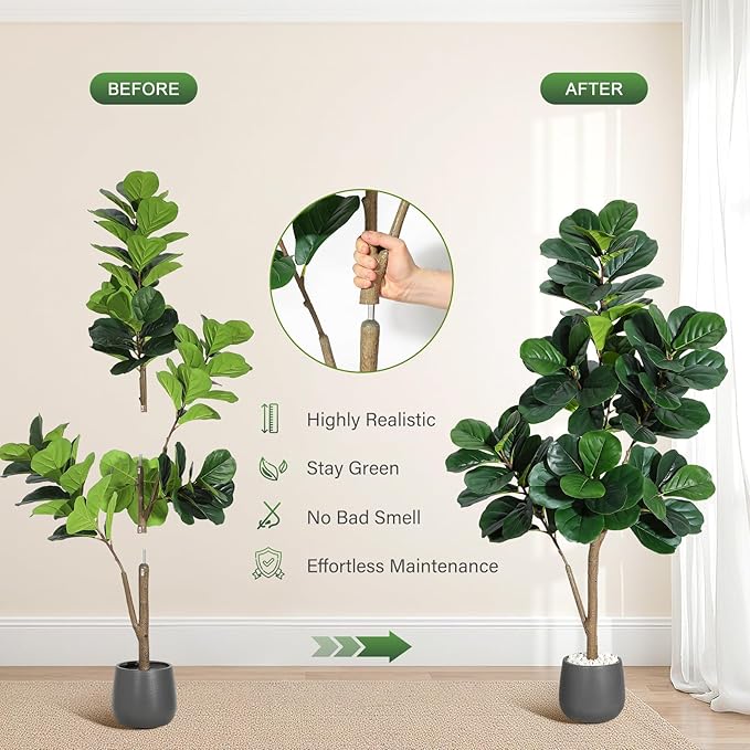 5FT Fiddle Leaf Fig Tree Artificial with 77 Leaves - Realistic Faux Ficus Lyrata Trees in 7.8" Grey Planter Pot, Indoor Fake Floor Plants for Home Office Living Room Decor, Housewarming Gift
