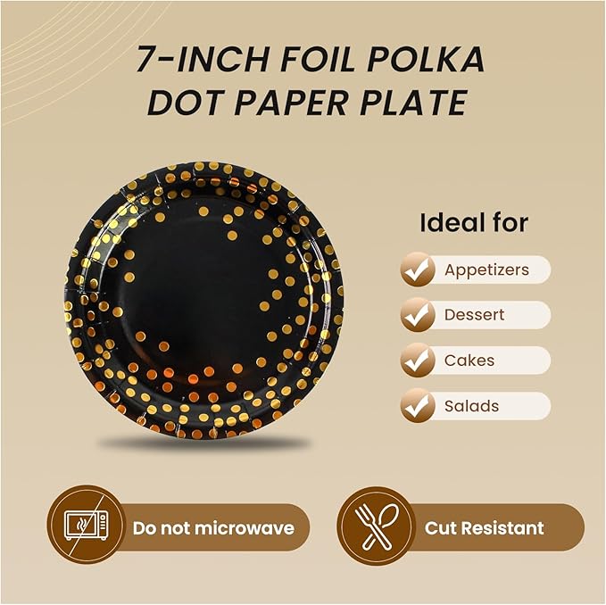 75PCS Paper Plates and Napkins Set - Black and Gold Dot Disposable Party Dinnerware Includes Paper Plates, Napkins, Forks Decorations for 2025 Graduations, Birthdays and Weddings, Serves 25