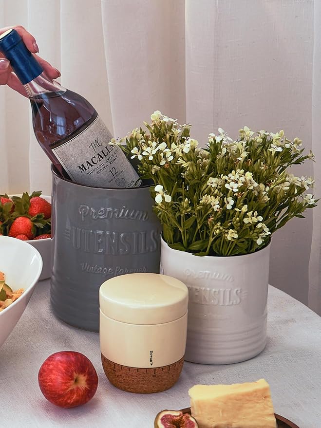 DOWAN 7.2″ Extra Large Kitchen Utensil Holder - Farmhouse Utensil Holder for Countertop - Ceramic Utensil Crock with Protection Cork Mat - Kitchen Decor & Housewarming Gift (Grey)