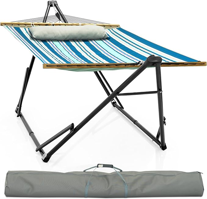 Tranquillo Unity Adjustable Hammock Stand, 800 lbs Capacity Steel Double Hammock Stand for 2 Persons, Premium Pre-Assembled Stand for Indoor Outdoor, Blue Leaf