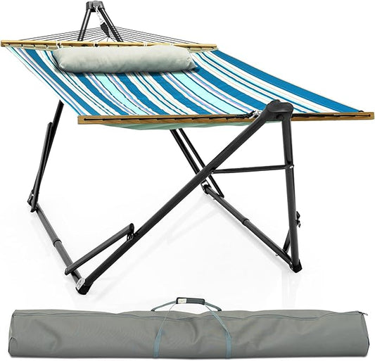 Tranquillo Unity Adjustable Hammock Stand, 800 lbs Capacity Steel Double Hammock Stand for 2 Persons, Premium Pre-Assembled Stand for Indoor Outdoor, Blue Leaf