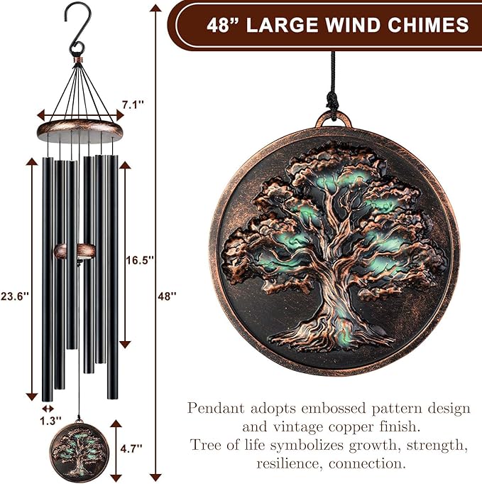 Large Wind Chimes for Outside, 48" Vintage Tree of Life Deep Tone Wind Chime Outdoor Clearance with Heavy Tubes, Memorial Windchimes Sympathy Gift for Mom Dad, Patio Garden Decor