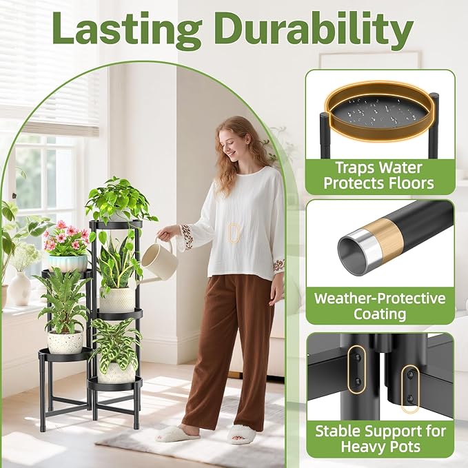 iDavosic.ly Plant Stand Indoor Outdoor, 5 Tier Corner Metal Flower Display Holder Shelf, Folding Tall Orchid Rack for Patio Balcony Porch Garden Living Room House, Black