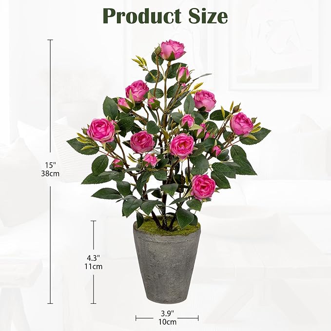 Artificial Flower Plants Camellia Pink Roses Faux Potted Plant with Cement Pot Fake Silk Flower Rose Camellias Flower Arrangement Office Home Decor Bathroom Shelf Desk Decoration 15 Inch