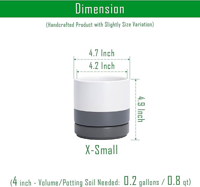 D'vine Dev Set of 2 Plants Pots, 4.7 Inch Ceramic Planter Pot for Plants with Drainage Hole and Saucer, White/Speckled Grey, 94-V-B-6