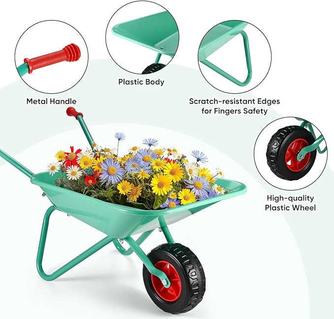 GOLDGE 10pcs Kids Gardening Tool Set - Wheelbarrow Outdoor Toy with Shovel, Rake, Pretend Weed Digging Tools, Backyard Play for Toddlers, Boys, Girls. Ideal Birthday or Valentine's Gift for Ages 3-5
