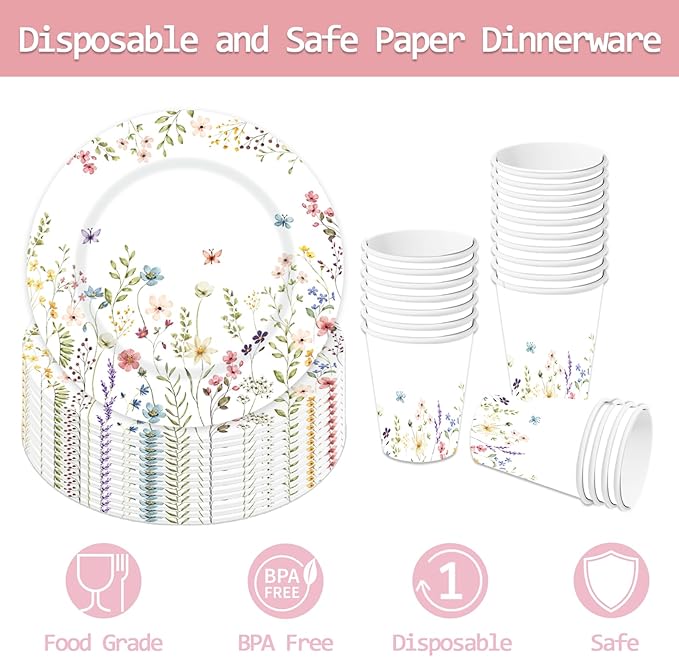 Wildflower Party Supplies Spring Summer Floral Baby Shower Birthday Wedding Bridal Shower Tableware Decorations Paper Plates Cups Napkins Spoons,Knives and Forks Serve 24 Guests