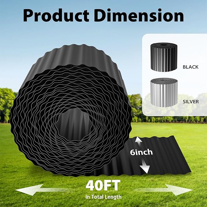 Used for DIY Metal Ripple Landscape Edging, Sturdy and Durable Garden Edging Border, Lawn and Tree Surround Fence Design (Black, 6"×40 Ft)