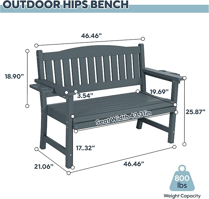 2-Person HIPS Outdoor Bench, Weatherproof Garden Bench with 800 lbs Weight Capacity, Artificial Wood Grains, Never Rot or Fade, Patio Benches for Garden, Porch, Balcony, Backyard,Park, Grey