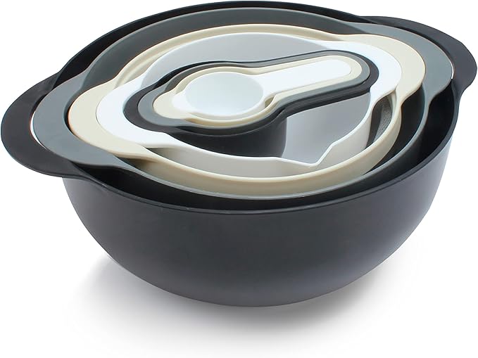 COOK WITH COLOR Nesting Bowls with Measuring Cups Colander and Sifter Set - Includes Mixing Bowls, Colander, Sifter and Measuring Cups, Black, 8 Pc Bowl