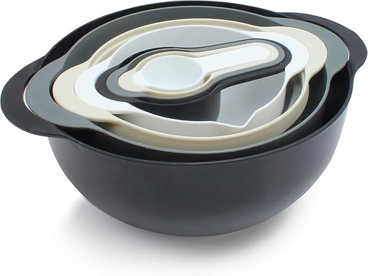 COOK WITH COLOR Nesting Bowls with Measuring Cups Colander and Sifter Set - Includes Mixing Bowls, Colander, Sifter and Measuring Cups, Black, 8 Pc Bowl