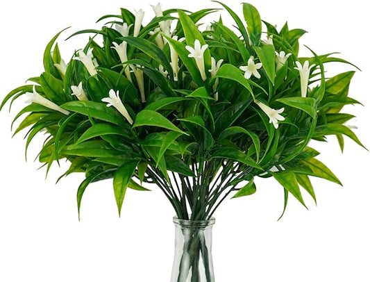 Uieke 6Pcs Outdoor Artificial Plants UV Resistant Fake Morning Glory Plastic Plants Shrubs Greenery Foliage for Hanging Planter Garden Patio Sidewalk Décor White